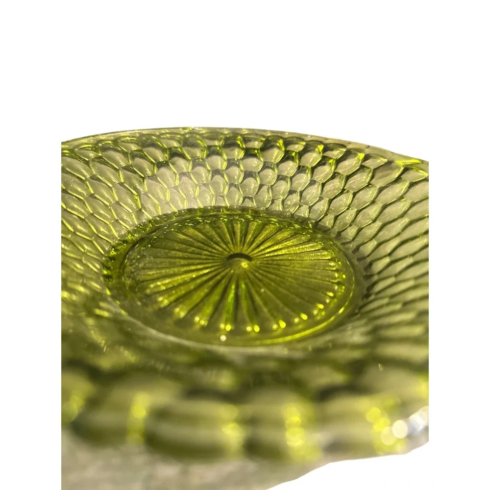 Indiana Glass Honeycomb‎ Double Handle Bowl Set 2 Avocado Green 1960s MCM Dish